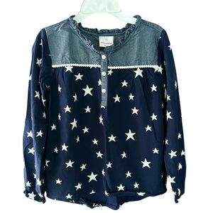 Hanna Andersson Navy Blue Chambray Embroidered Stars Lined LS Top Size 140 / 10